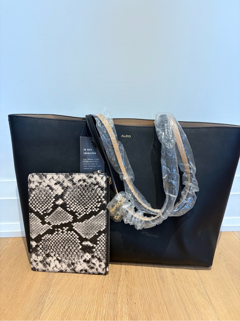NWT - Aldo Reversible Black/Tan Tote with Snake-Print Pouch